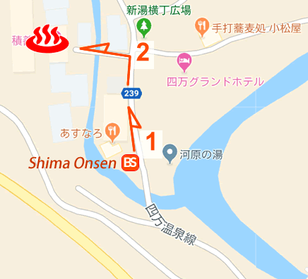 Map and bus stop of Sekizenkan, Shima Onsen in Gunma Prefecture, Japan