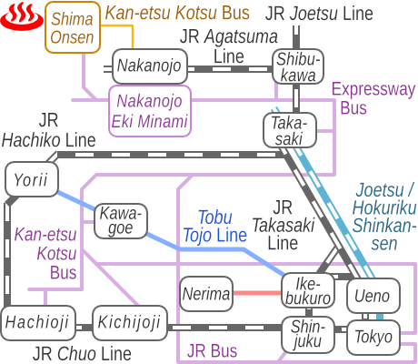 Train and bus route map of Shima Onsen Sekizenkan, Gunma Prefecture, Japan