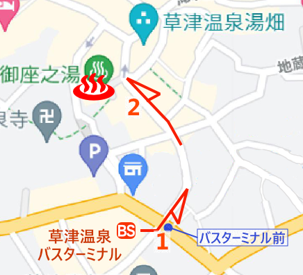 Map and bus stop of Kusatsu Onsen Gozanoyu, Gunma Prefecture