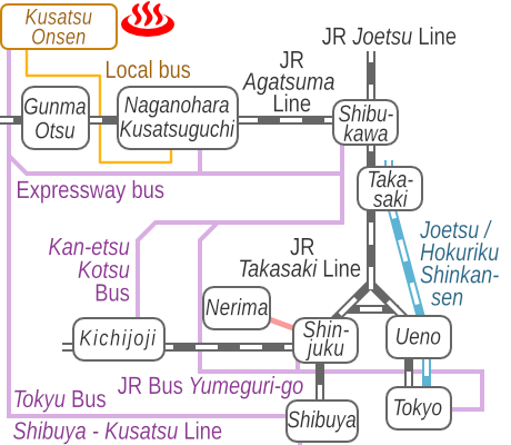 Train and bus route map of Gozanoyu, Kusatsu Onsen, Gunma Prefecture