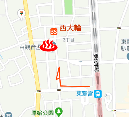 Map and bus stop of Hyakkannon-onsen, Higashi-Washinomiya in Saitama Prefecture