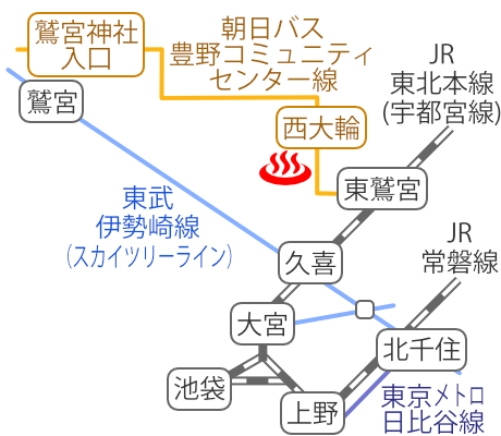 Train and bus route map of Hyakkannon-onsen, Saitama Prefecture