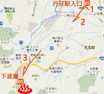 Map and bus stop of Ofuro Cafe Hakujunoyu in Saitama Prefecture