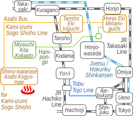 Train and bus route map of Ofuro Cafe Hakujunoyu, Saitama Prefecture
