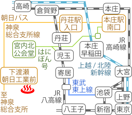 Train and bus route map of Ofuro Cafe Hakujunoyu, Saitama Prefecture