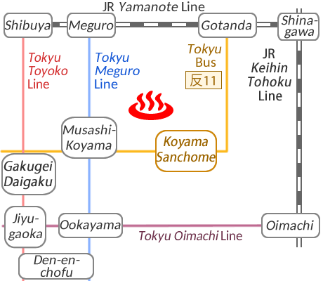 Train and bus route map of Musashikoyama-onsen Shimizuyu, Tokyo