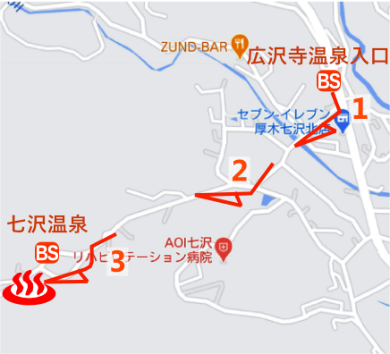Map and bus stop of Nanasawa Onsen Motoyu Tamagawakan in Kanagawa Prefecture