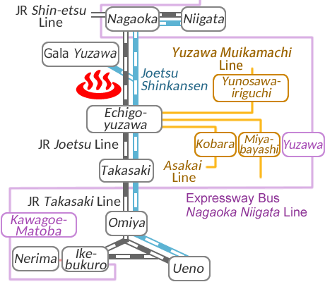 Train and bus route map of Echigo-yuzawa Onsen Yamanoyu, Niigata Prefecture