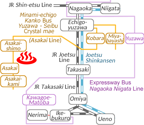 Train and bus route map of Naeba Onsen Yukisasanoyu, Niigata Prefecture