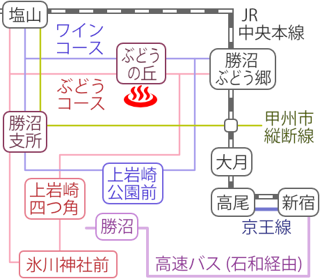 Train and bus route map of Katsunuma Budonooka-onsen Tenkunoyu, Yamanashi Prefecture