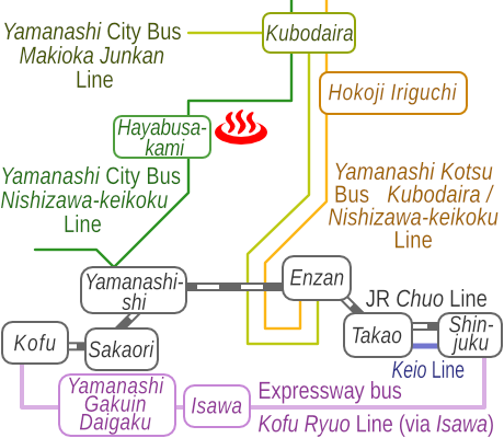 Train and bus route map of Hayabusa-onsen, Yamanashi Prefecture