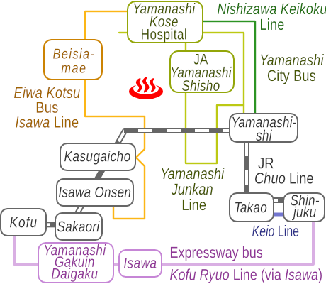 Train and bus route map of Hatsuhana, Yamanashi Prefecture, Japan