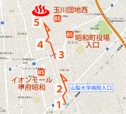 Map and bus stop of Kai Tamagawa-onsen in Yamanashi Prefecture