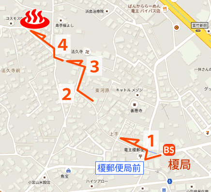 Map and bus stop of Kai Yamaguchi-onsen in Yamanashi Prefecture