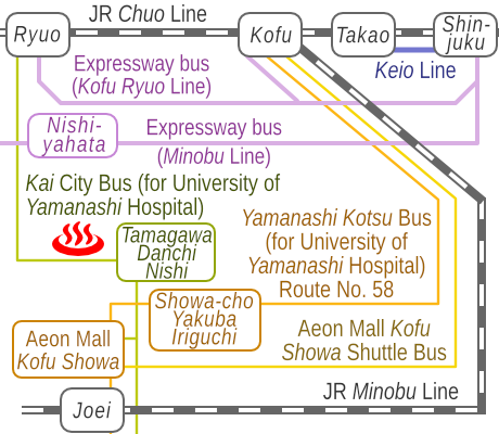 Train and bus route map of Kai Tamagawa-onsen, Yamanashi Prefecture