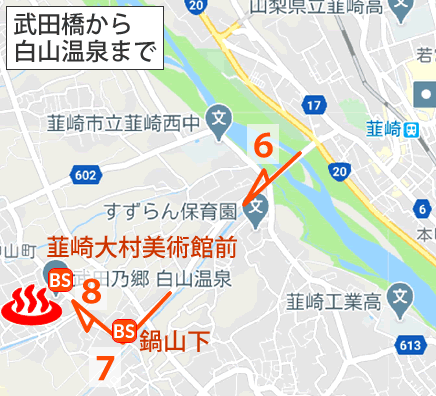 Map and bus stop of Hakusan-onsen in Yamanashi Prefecture