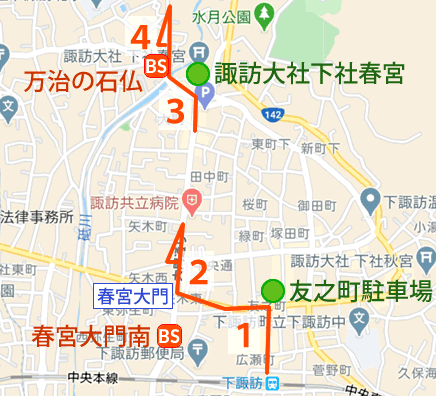Map and bus stop of Shimosuwa Onsen Dokusawa-kosen Kaminoyu in Nagano Prefecture