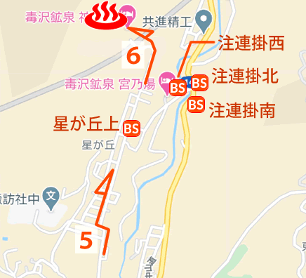 Map and bus stop of Dokusawa-kosen Kaminoyu in Nagano Prefecture