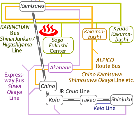 Train and bus route map of Kamisuwa Onsen Yamato-onsen, Nagano Prefecture