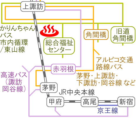 Train and bus route map of Kamisuwa Onsen Yamato-onsen, Nagano Prefecture