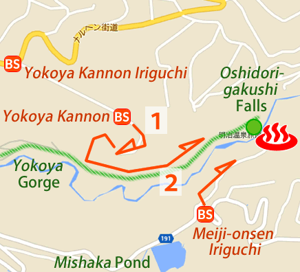 Map and bus stop of Oku-tateshina Onsen Meiji-onsen in Nagano Prefecture, Japan