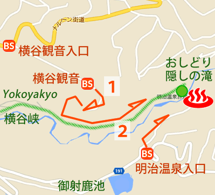 Map and bus stop of Oku-tateshina Onsen Meiji-onsen in Nagano Prefecture, Japan