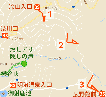 Map and bus stop of Oku-tateshina Onsen Shibu Gotenyu in Nagano Prefecture