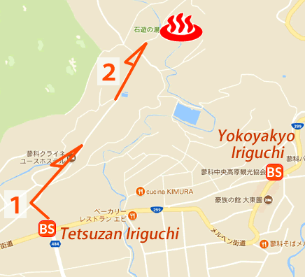 Map and bus stop of Tateshina Onsen Ishiyasunoyu in Nagano Prefecture, Japan