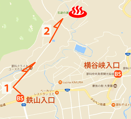 Map and bus stop of Tateshina Onsen Ishiyasunoyu in Nagano Prefecture, Japan