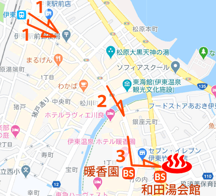 Map and bus stop of Ito Onsen Wada Jurojinnoyu in Shizuoka Prefecture