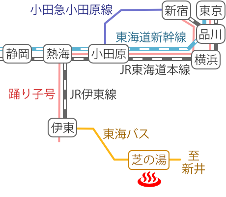 Train and bus route map of Ito Onsen Bishamonten Shibanoyu, Shizuoka Prefecture