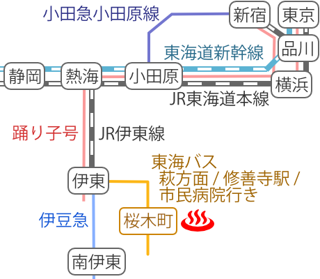 Train and bus route map of Ito Onsen Oka Hoteinoyu, Shizuoka Prefecture