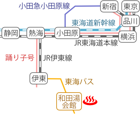 Train and bus route map of Ito Onsen Wada Jurojinnoyu, Shizuoka Prefecture