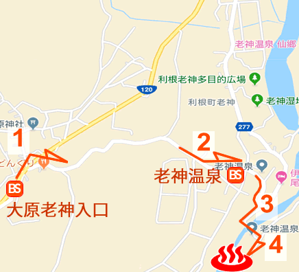 群馬県老神温泉穴原湯東秀館の地図とバス停