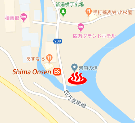 Map and bus stop of Kawaranoyu, Shima Onsen in Gunma prefecture