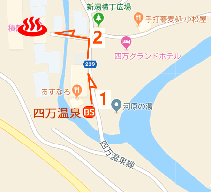 Map and bus stop of Sekizenkan, Shima Onsen in Gunma Prefecture