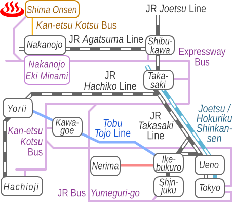 Train and bus route map of Sekizenkan, Shima Onsen, Gunma Prefecture