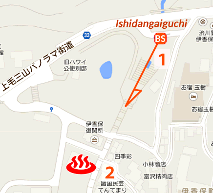 Map and bus stop of Ishidannoyu, Ikaho Onsen in Gunma Prefecture