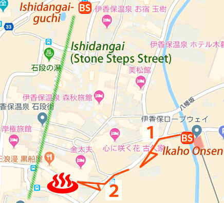 Map and bus stop of Yokotekan, Ikaho Onsen in Gunma Prefecture
