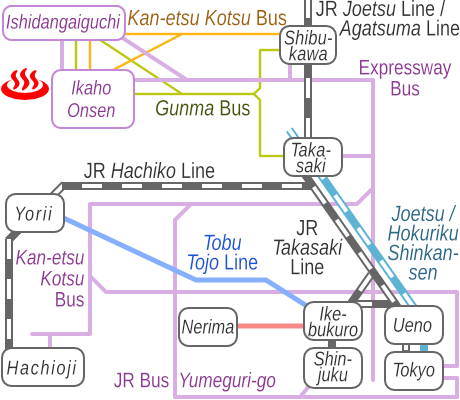Train and bus route map of Yokotekan, Ikaho Onsen, Gunma Prefecture
