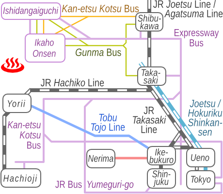 群馬県伊香保温泉露天風呂の電車バス路線図