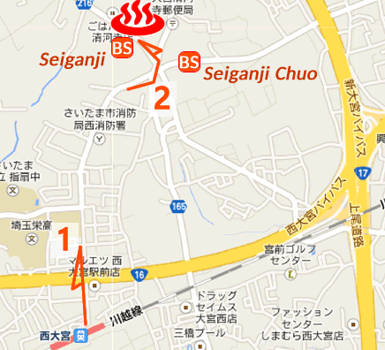 Map and bus stop of Seiganji-onsen, Saitama City in Saitama Prefecture