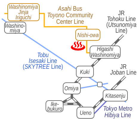 Train and bus route map of Hyakkannon-onsen, Saitama Prefecture