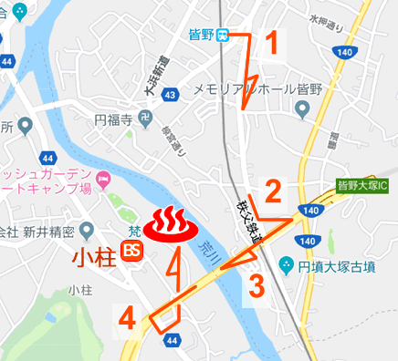 埼玉県秩父川端温泉梵の湯の地図とバス停