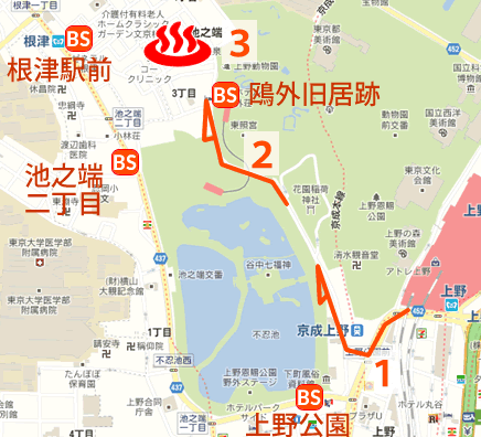 東京都台東区上野六龍鉱泉の地図とバス停
