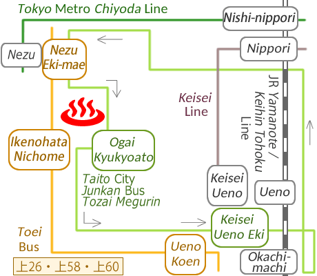 Train and bus route map of Rokuryu-kosen, Ueno, Tokyo, Japan