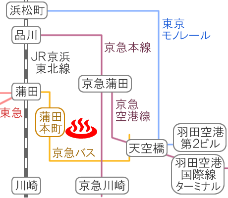 Train and bus route map of Kamata-onsen, Tokyo, Japan