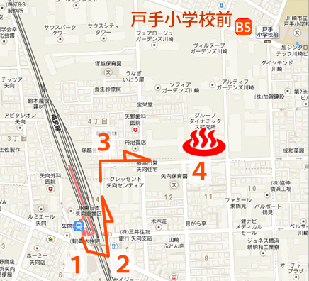 神奈川県川崎市縄文天然温泉志楽の湯の地図とバス停