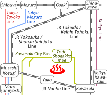 神奈川県川崎市縄文天然温泉志楽の湯の電車バス路線図