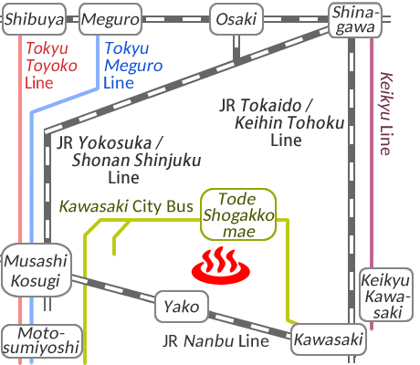 Train and bus route map of Jomon Tennen-onsen Shirakunoyu, Kanagawa Prefecture, Japan